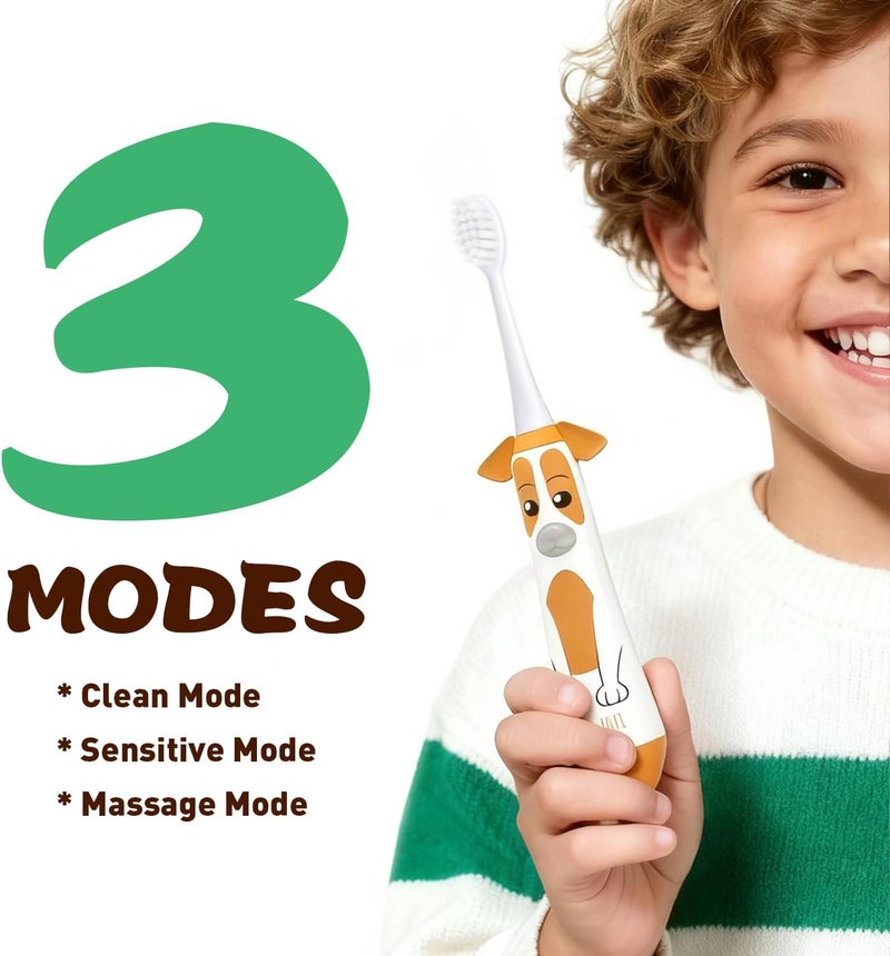 NELLWELL Kids Electric Toothbrush, 3 Modes, 2-Min Timer, IPX7, Battery Powered with 3 Soft Brush Heads for Children Ages 3+ - Image 2